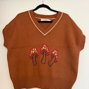 Brown Sweater Vest with Red Mushroom Design